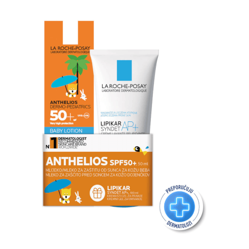 La Roche-Posay Anthelios PROMO Mlijeko za osjetljivu kožu beba SPF50+ + Lipikar syndet AP+ 50ml + 100ml